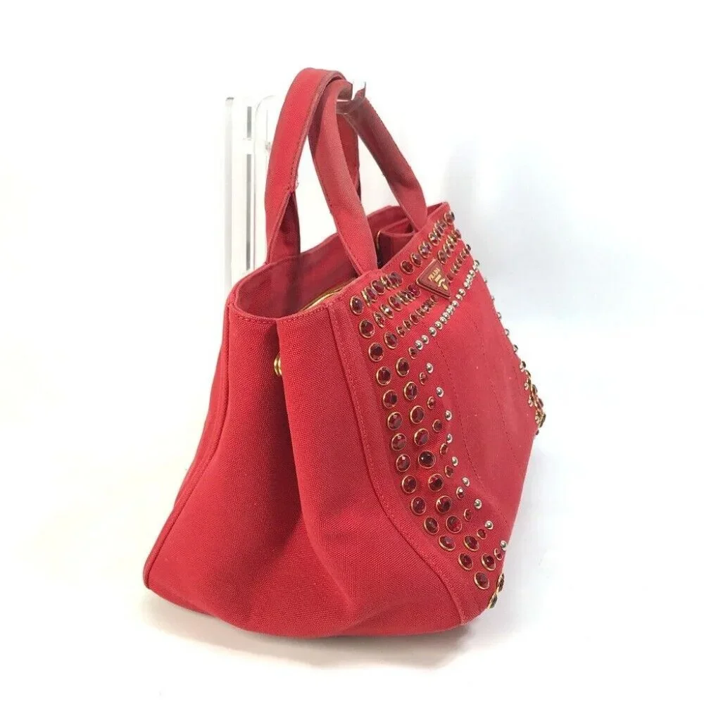 PRADA triangle logo plate Kanapa GM Bijoux Hand Bag Tote Bag Canvas Red - Picture 14 of 16